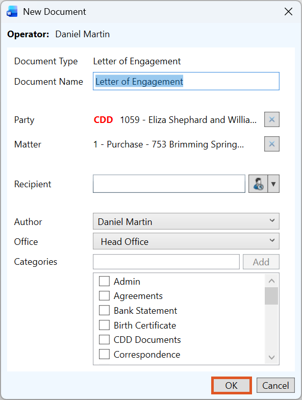 New Document window showing the Document Type and Document Name fields, default Party and Matter, optional Recipient selection, Author and Office fields, a Categories list, and OK and Cancel buttons.