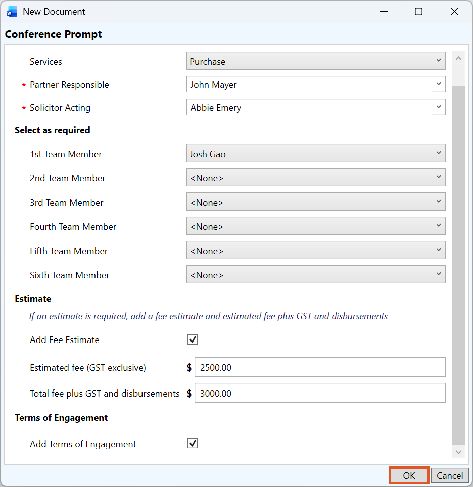 Prompt InfoSheet window displaying required and optional fields, including services, responsible staff, team members, fee estimate fields, and terms of engagement options, with OK and Cancel buttons.
