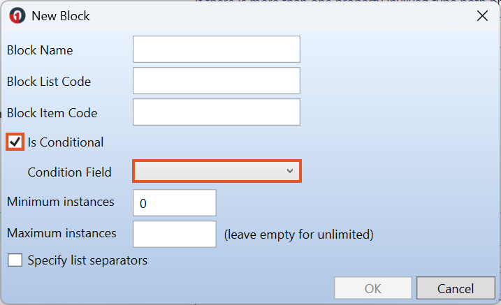 New Block window with Is Conditional selected, displaying the Condition Field dropdown used to control block visibility.