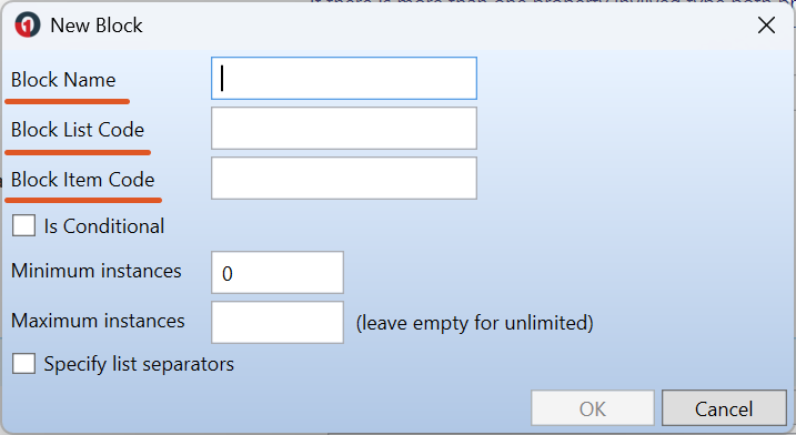 New Block window with the required fields for block creation (Block Name, Block List Code, and Block Item Code) empty and not yet configured.