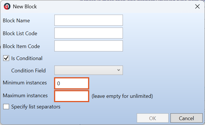 New Block window highlighting the Minimum instances and Maximum instances fields used to configure repeating block limits.