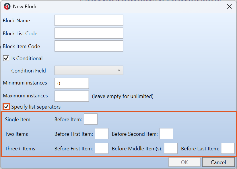 New Block window with Specify list separators selected, showing separator fields for single item, two items, and three or more items scenarios.