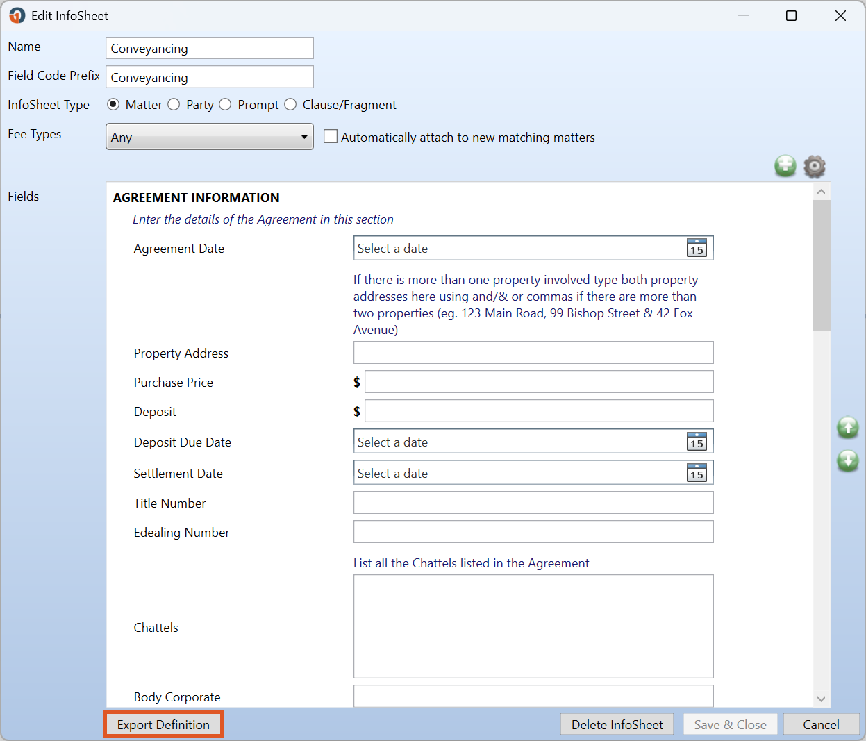 Edit InfoSheet window showing an existing InfoSheet named “Conveyancing,” with fields and settings displayed. The Export Definition button is highlighted at the bottom of the window.