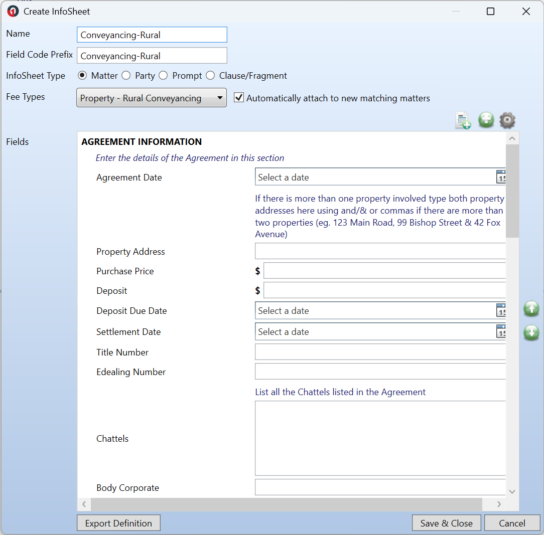 Create InfoSheet window showing a newly imported InfoSheet named “Conveyancing-Rural,” with the Field Code Prefix set, Fee Type selected, automatic attachment enabled, and imported fields displayed in the editor.
