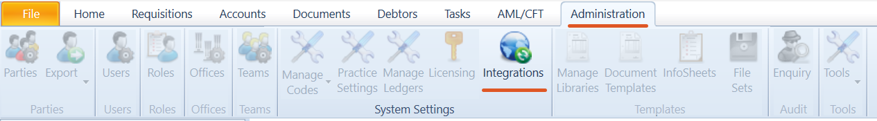 OneLaw navigation ribbon showing the Administration tab selected and the Integrations option highlighted within the System Settings section.