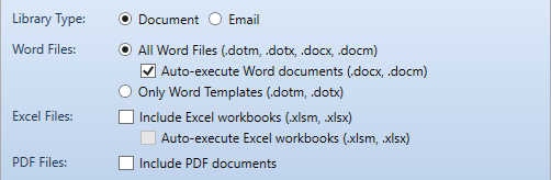Precedent Library window showing Document file type options, including All Word Files, Only Word Templates, Auto-execute Word documents, Include Excel workbooks, Auto-execute Excel workbooks, and Include PDF documents.