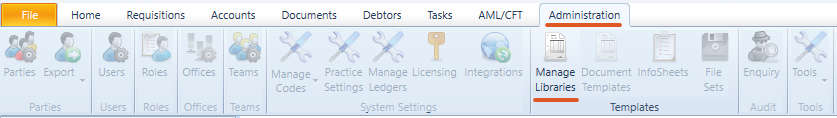 Administration tab on the OneLaw navigation ribbon with Manage Libraries highlighted under the Templates section.