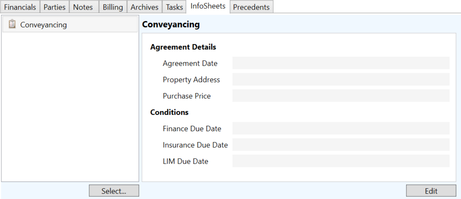 Matter view with the InfoSheets tab selected displaying the Conveyancing InfoSheet with Agreement Details and Conditions sections and associated fields, with Select and Edit buttons available.