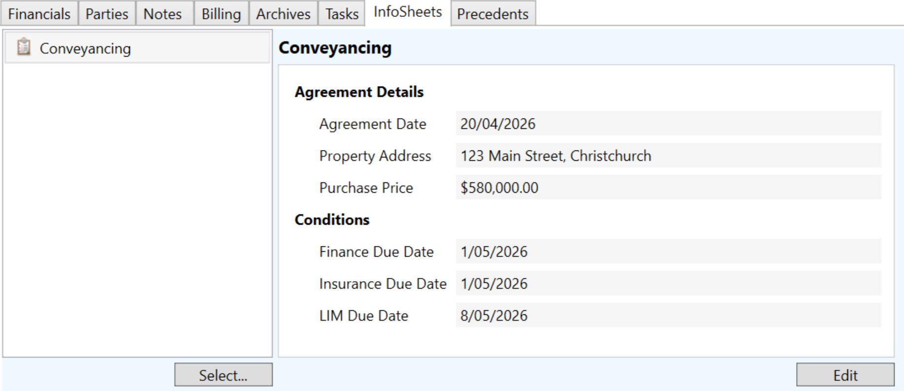 Matter view with the InfoSheets tab selected displaying the Conveyancing InfoSheet populated with sample data, including Agreement Date, Property Address, Purchase Price, and condition due dates for Finance, Insurance, and LIM.
