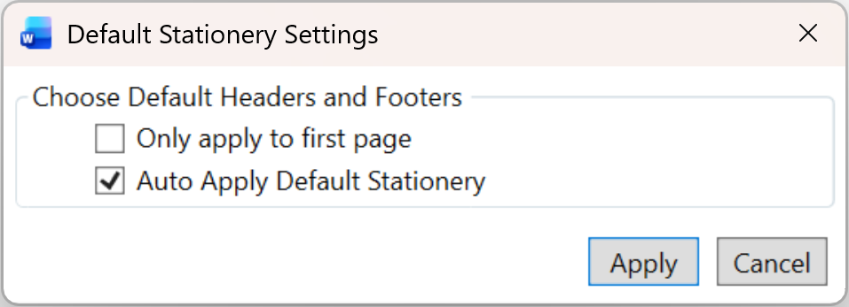Default Stationery Settings window displaying Auto Apply Default Stationery enabled under Choose Default Headers and Footers, with Apply and Cancel buttons available.