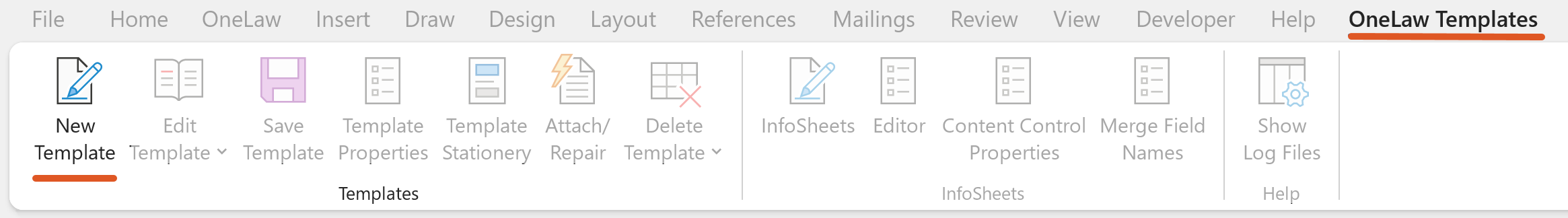 Microsoft Word ribbon with the OneLaw Templates tab selected and New Template highlighted.