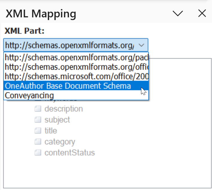 XML Mapping pane displaying the XML Part dropdown with OneAuthor Base Document Schema selected and available document fields listed below.