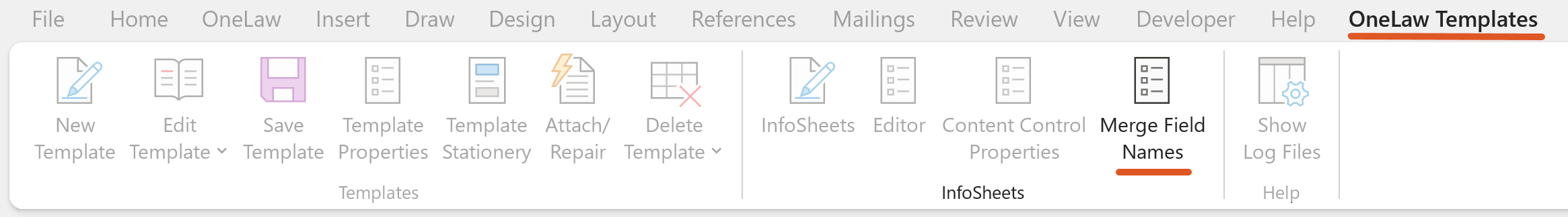 Microsoft Word ribbon with the OneLaw Templates tab selected and Merge Field Names highlighted.