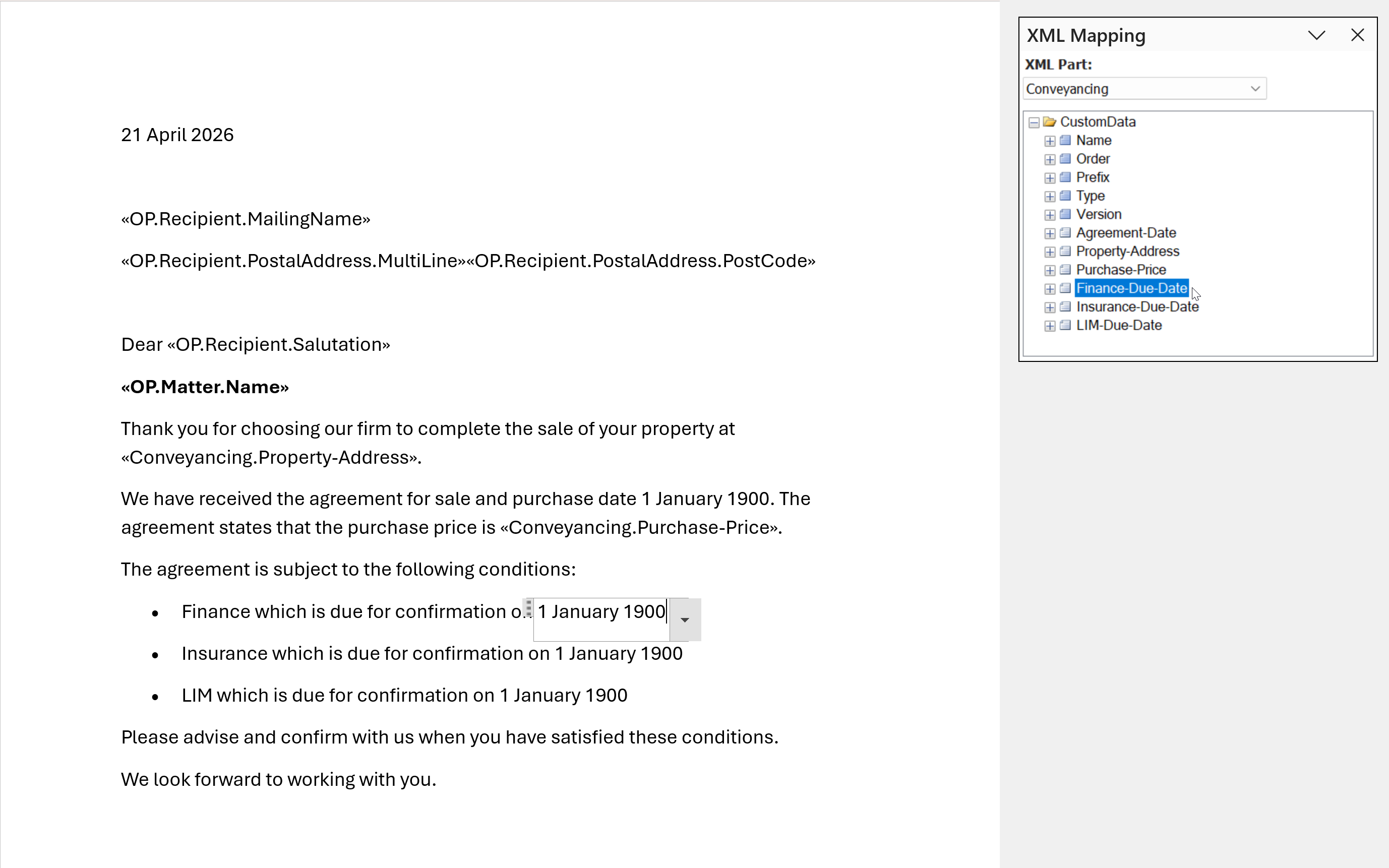 Word document displaying letter content with merge fields and date content controls inserted, alongside the XML Mapping pane with the Conveyancing InfoSheet fields visible and Finance Due Date selected.