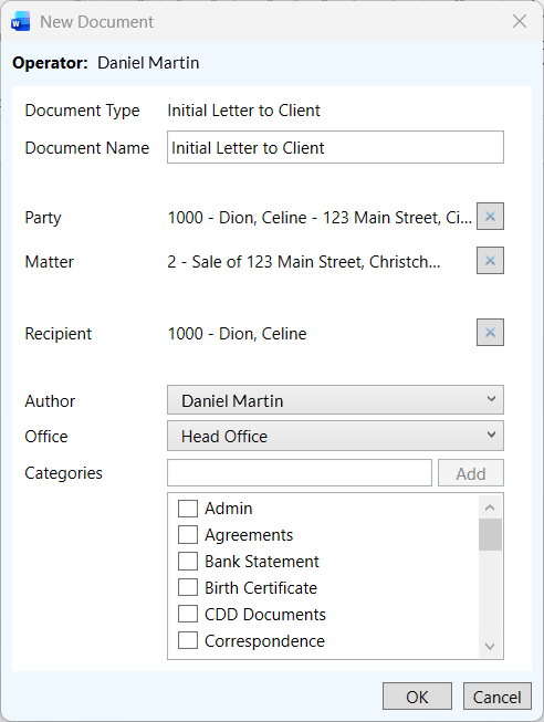 New Document window displaying Document Type and Document Name set to Initial Letter to Client, with Party, Matter, and Recipient populated, and Author, Office, and Categories options available, with OK and Cancel buttons.