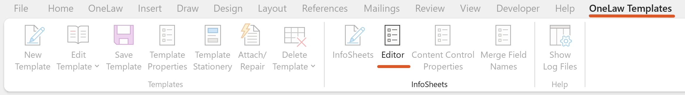 Microsoft Word ribbon with the OneLaw Templates tab selected and Editor highlighted.