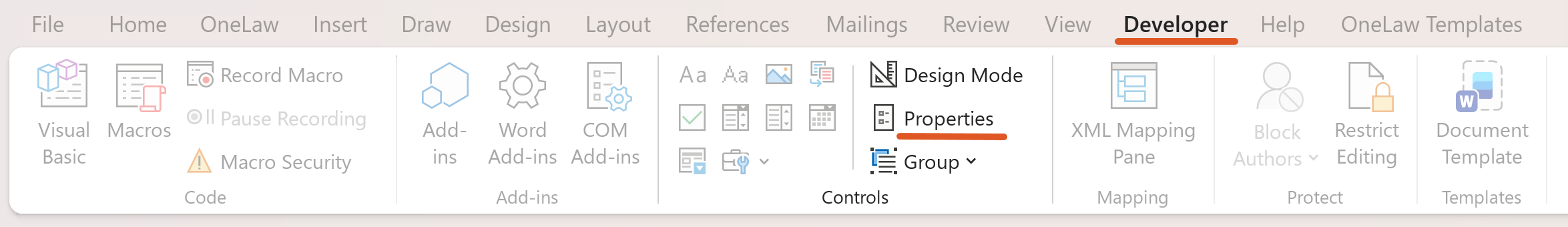 Microsoft Word ribbon with the Developer tab selected and Properties highlighted in the Controls section.