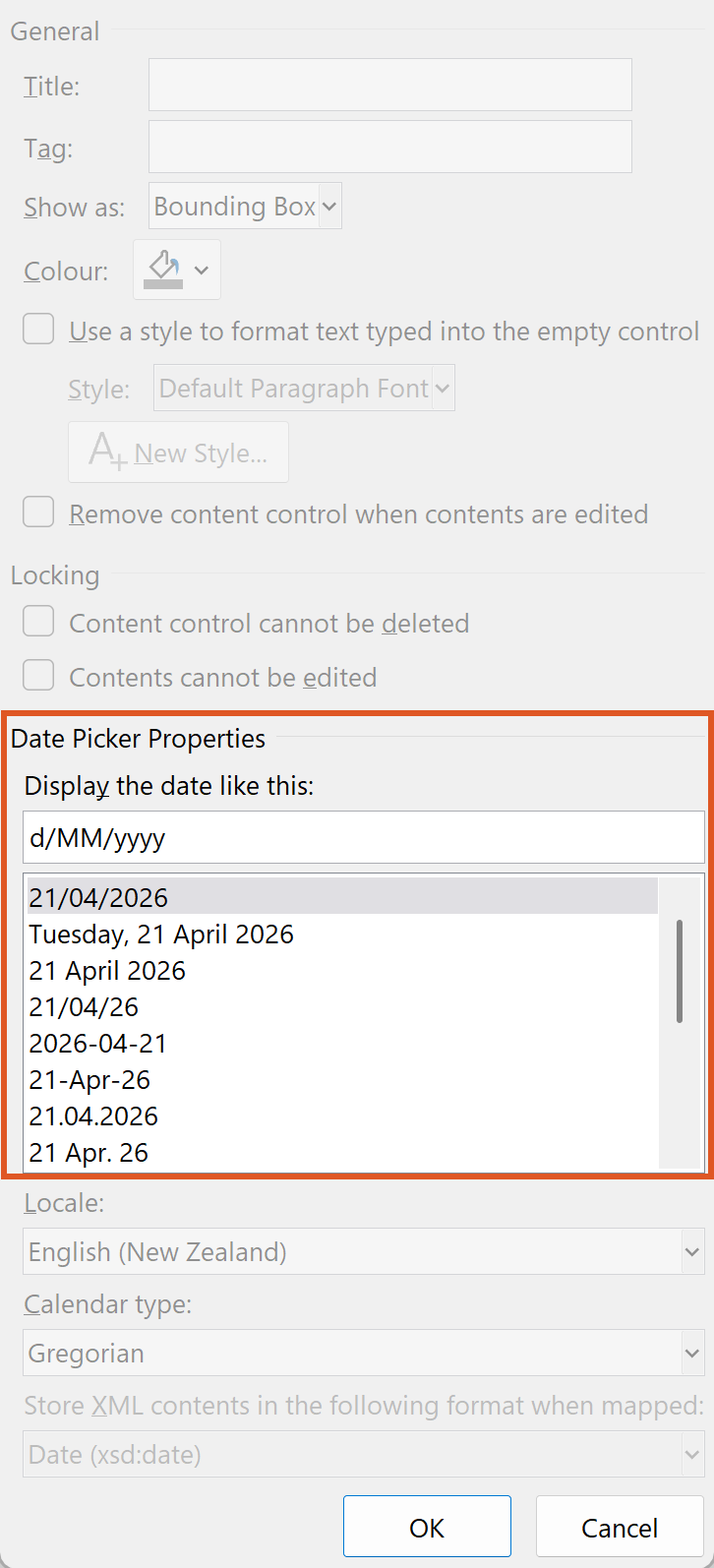 Content Control Properties window displaying Date Picker Properties with the date format set to d/MM/yyyy and available display format options listed, with OK and Cancel buttons available.