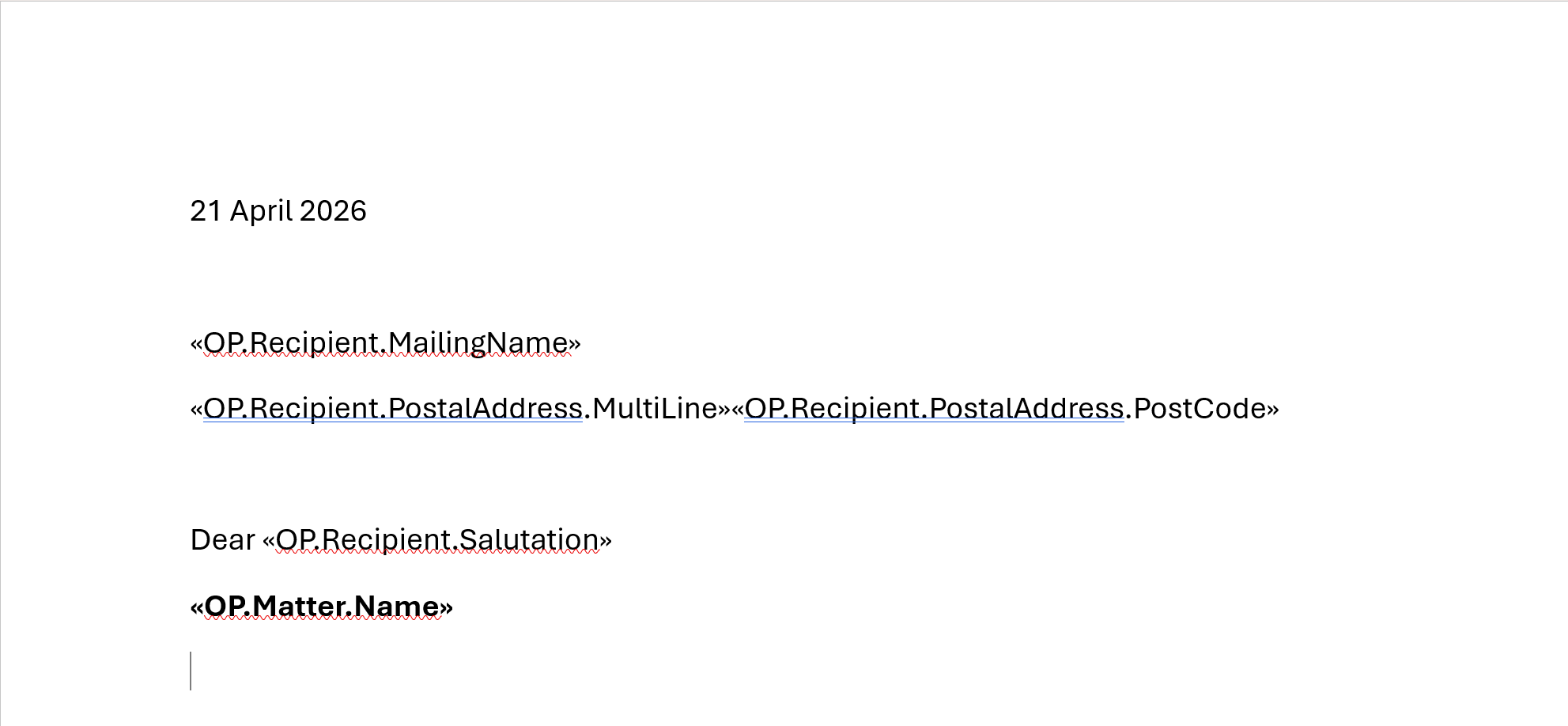 Word document displaying merge fields inserted for recipient and matter details, including Mailing Name, Postal Address, Salutation, and Matter Name positioned within the letter layout.