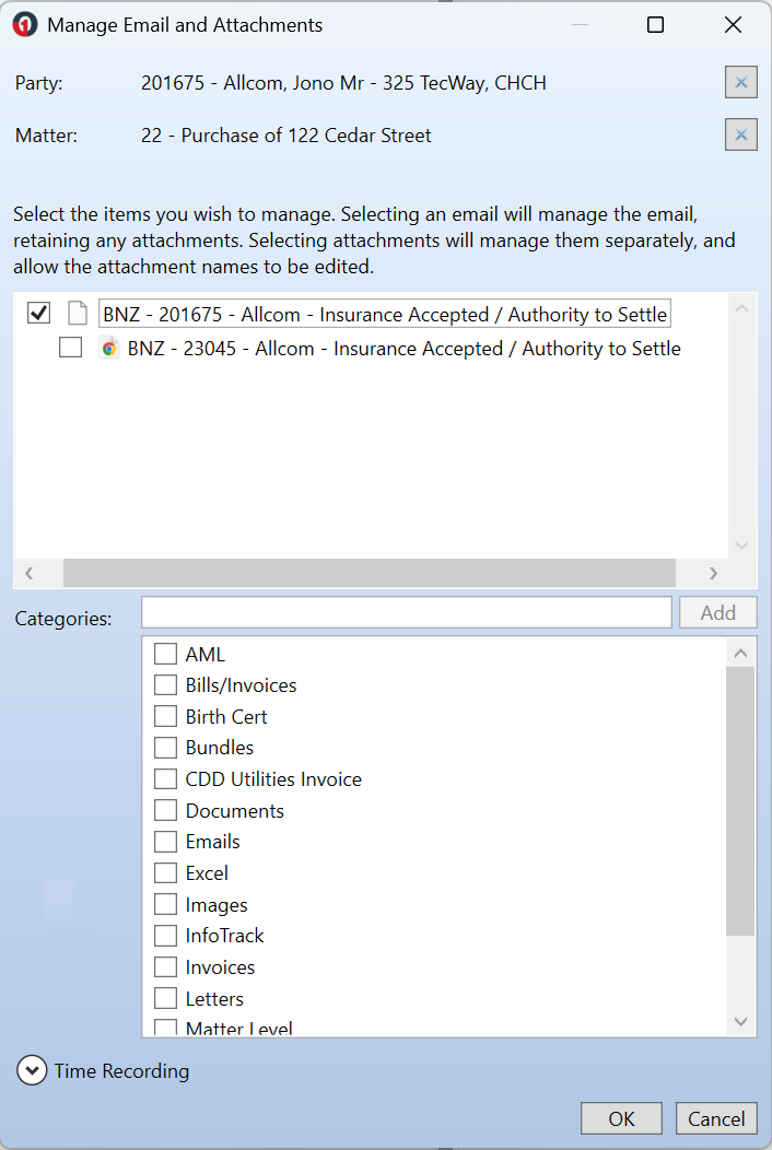 Outlook Manage Email and Attachments window showing Party and Matter fields, selected email with attachment options, and Categories list before managing the email.