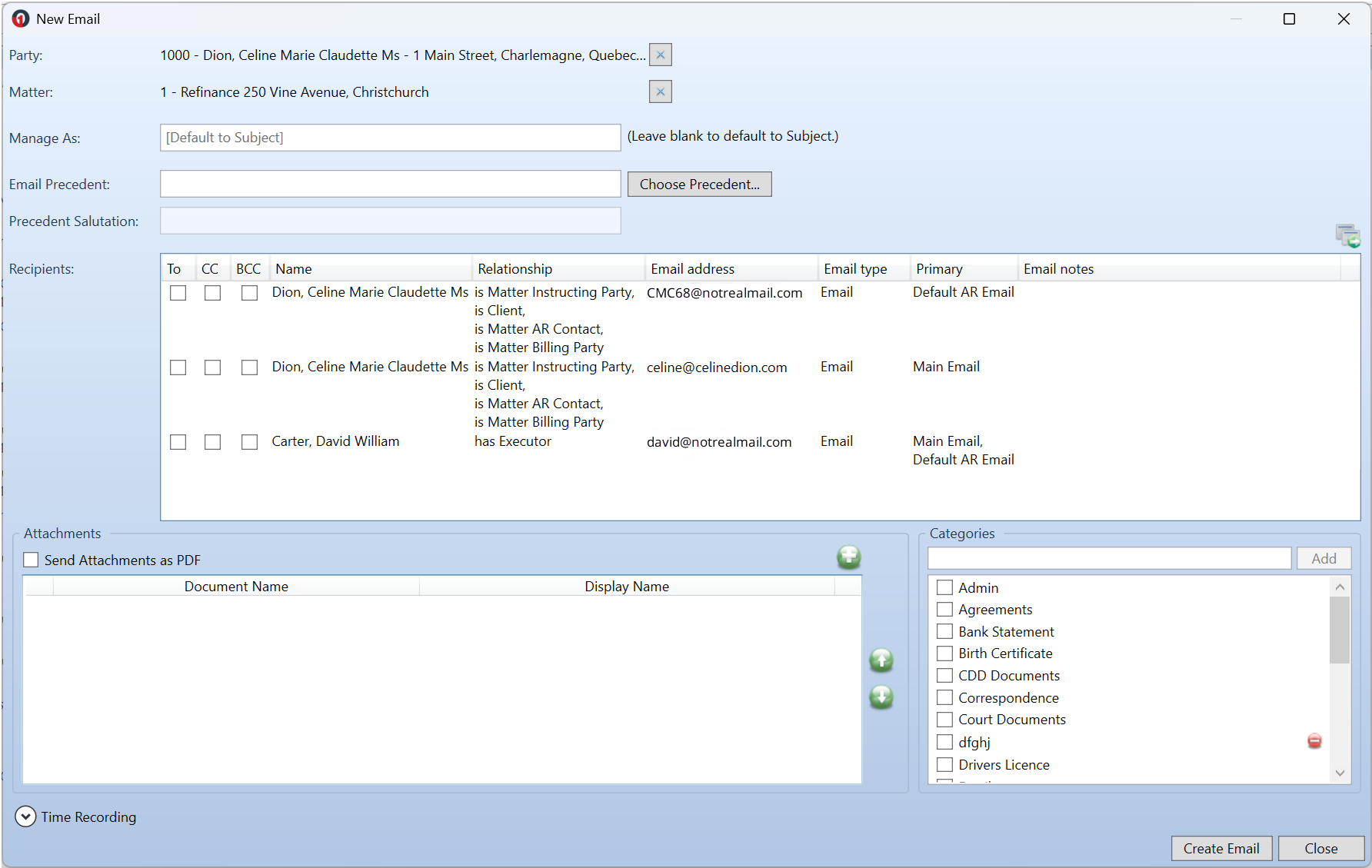 New Email window showing Party and Matter fields, recipients list, attachments section, categories, and Create Email button