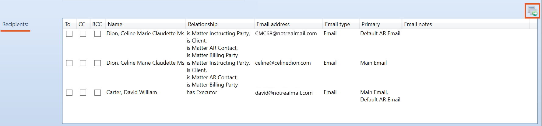 Recipients section in the New Email window showing To, CC, and BCC selection checkboxes for contacts