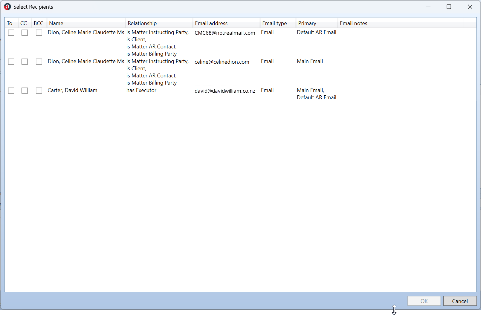 Pop-out Recipients window displaying contact list with To, CC, and BCC selection options