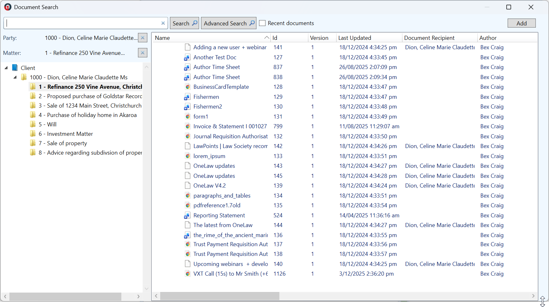 Document Search window showing documents stored against the selected Party and Matter with search and selection options