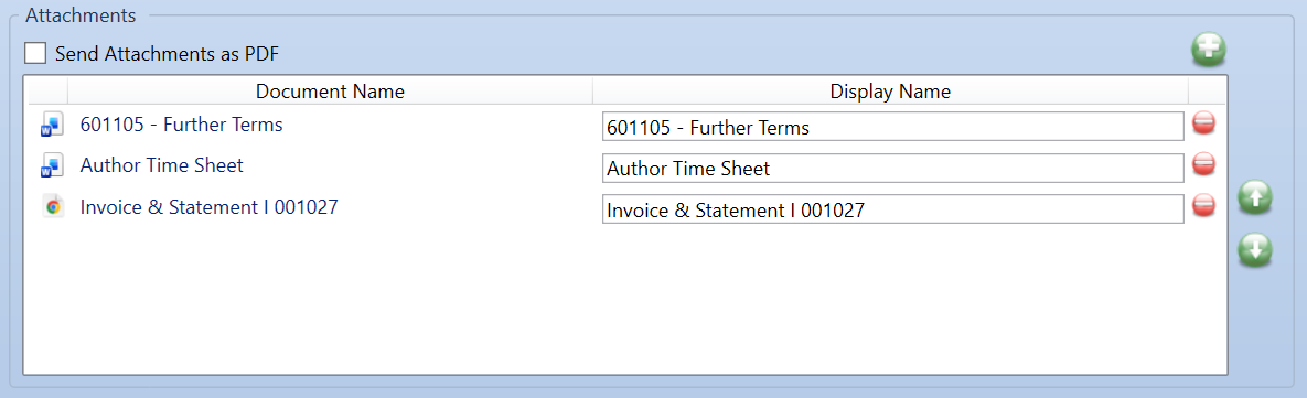 Attachments section showing selected documents with display names and options to reorder, rename, or remove attachments