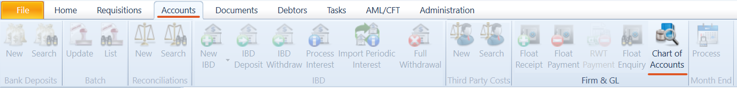Navigation ribbon showing the Accounts tab selected, with Chart of Accounts highlighted in the Firm & GL section.