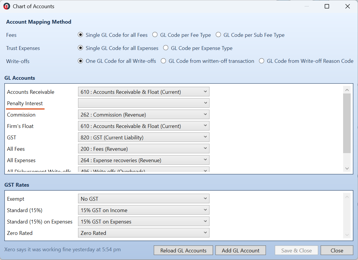 Chart of Accounts window showing the GL Accounts section, with the Penalty Interest field highlighted and an empty dropdown ready for selecting a Xero revenue account. GST Rates mapping appears below, and Reload GL Accounts and Add GL Account buttons are visible at the bottom.