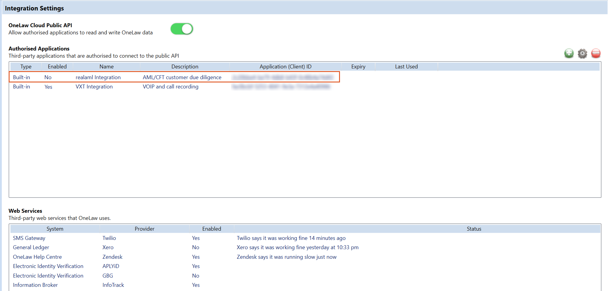 Integration Settings screen with the Realaml Integration row highlighted in the Authorised Applications table, showing its Type, Enabled status, Name, Description, and Application (Client) ID.