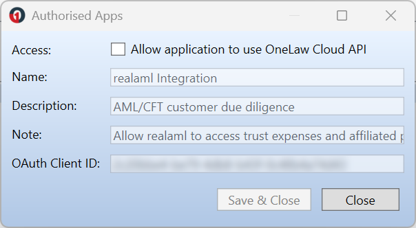 Authorised Apps window for the Realaml Integration with pre-populated Name, Description, Note, and OAuth Client ID fields, and the Allow application to use OneLaw Cloud API box unticked.
