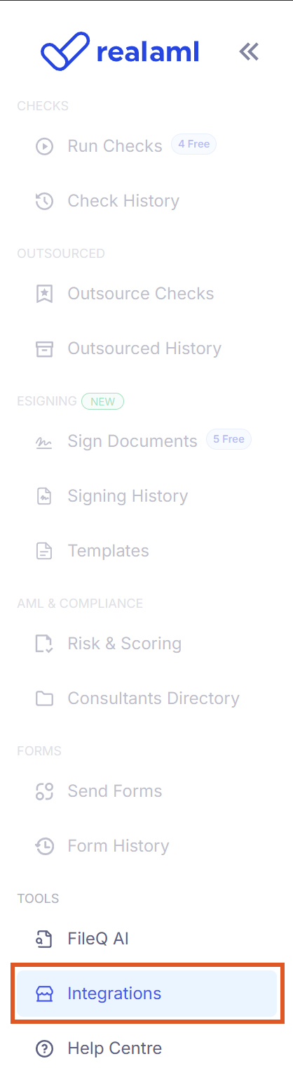 Realaml Dashboard sidebar with the Integrations menu item highlighted.