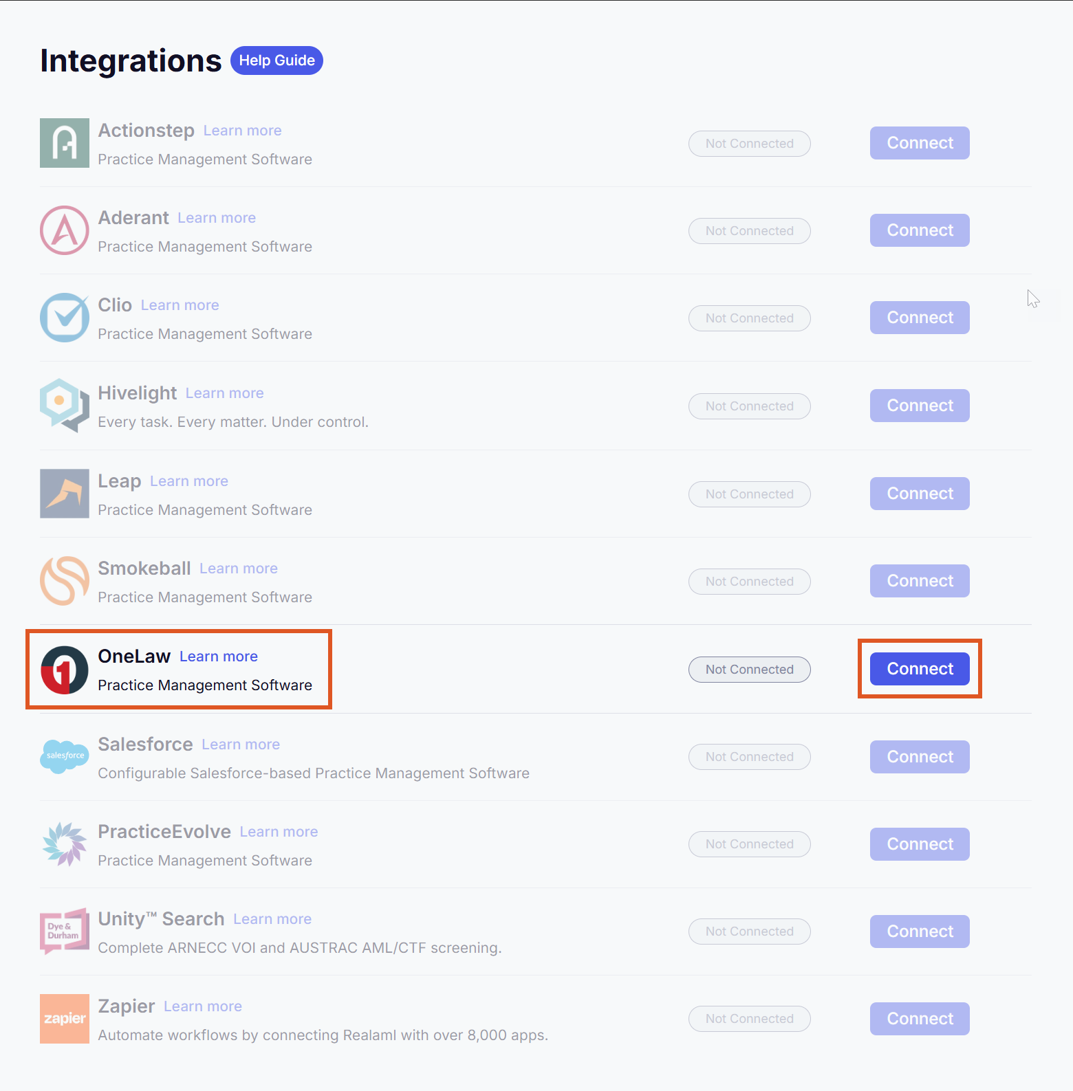 Realaml Integrations list showing available integrations including Aderant, Clio, Hivelight, Leap, Smokeball, OneLaw, Salesforce, Unity Search, and Zapier, with the OneLaw row and its Connect button highlighted.