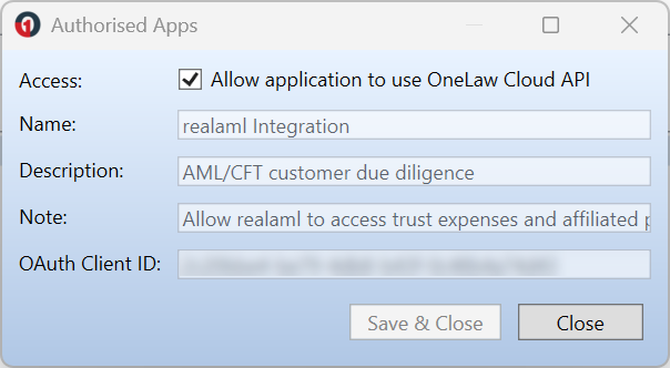 Authorised Apps window for the Realaml Integration with the Allow application to use OneLaw Cloud API box ticked, showing the pre-populated Name, Description, Note, and OAuth Client ID fields.