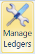 The Manage Ledgers button in the System Settings group on the Administration tab, shown as a cog and spanner icon.