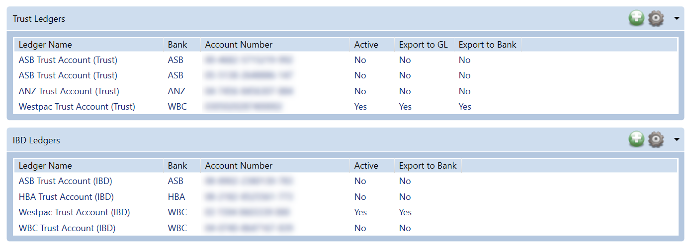 The Manage Ledgers screen showing the Trust Ledgers and IBD Ledgers lists. Columns include Ledger Name, Bank, Account Number and Active. Trust Ledgers has Export to GL and Export to Bank columns; IBD Ledgers has an Export to Bank column. A Westpac ledger in each list shows Export to Bank set to Yes.