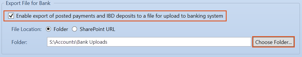 The Export File for Bank section of the Edit Ledger window with the enable export checkbox ticked. File Location is set to Folder, the Folder field shows S:\Accounts\Bank Uploads, and a Choose Folder button sits to the right. The enable checkbox and Choose Folder button are highlighted.