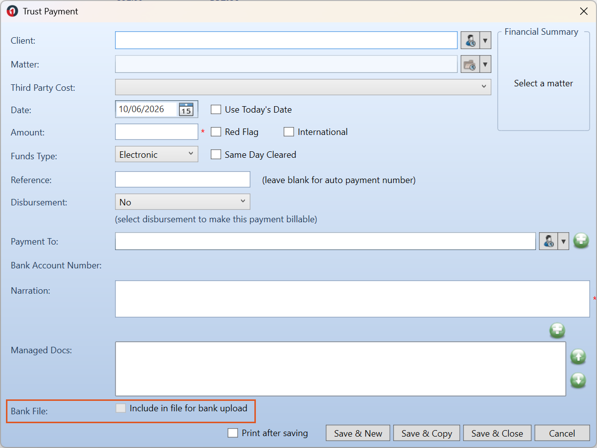The Trust Payment screen before any details are entered, with the Bank File section highlighted. The section sits below the Managed Docs field and contains the Include in file for bank upload checkbox.