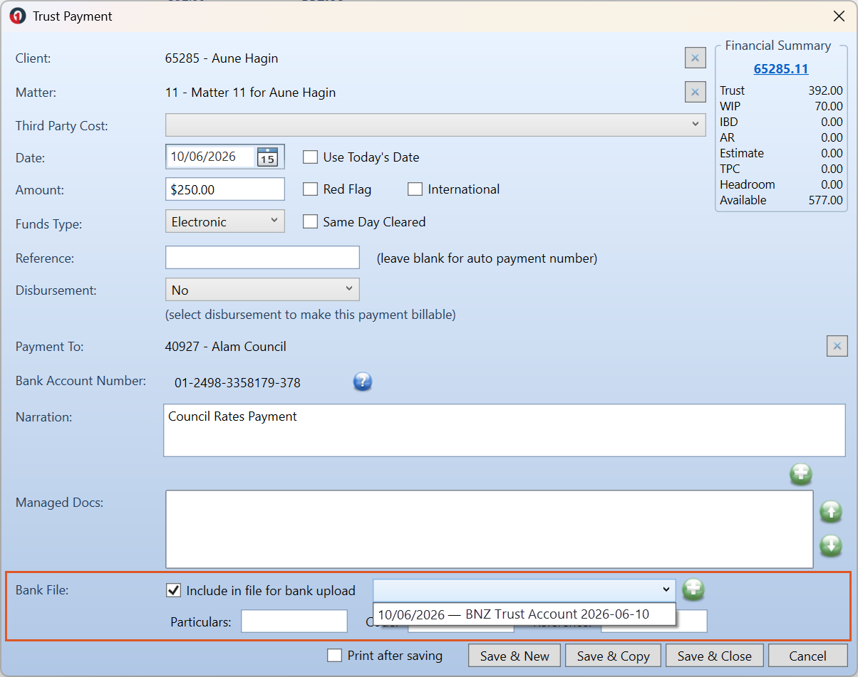 A completed Trust Payment for $250.00 to Alam Council. The Bank File section is highlighted, with Include in file for bank upload ticked and the file dropdown open showing the draft file 10/06/2026 BNZ Trust Account 2026-06-10