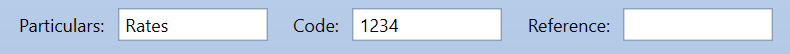 The bank file detail fields for the payment, with Particulars set to Rates, Code set to 1234, and the Reference field left blank.
