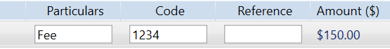 A Payment Parts row showing the bank file detail columns for a part: Particulars set to Fee, Code set to 1234, an empty Reference, and an Amount of $150.00.