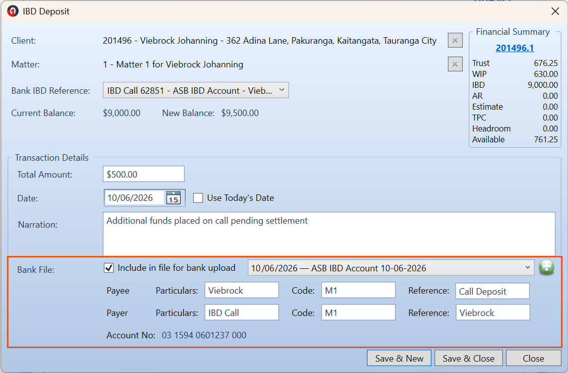 IBD Deposit window for an existing instrument. The Bank File section shows Include in file for bank upload ticked, a direct credit file selected, the Payee and Payer Particulars, Code and Reference fields, and the read-only Account No held on the instrument.