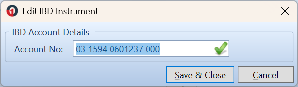 Edit IBD Instrument window showing the IBD Account Details section with the Account No field completed and marked valid.