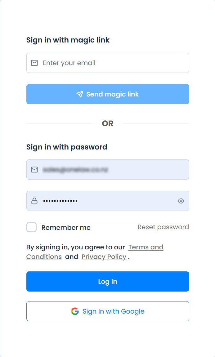 Quillio sign-in page showing the Sign in with magic link option, the Sign in with password fields with a Remember me checkbox, and a Sign In with Google button.
