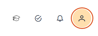 Quillio top toolbar showing the help, tasks, and notifications icons with the profile (person) icon highlighted at the far right.