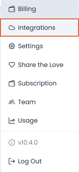 Quillio profile menu showing Billing, Integrations (highlighted), Settings, Share the Love, Subscription, Team, and Usage, with Log Out at the bottom.
