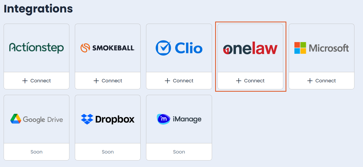 Quillio Integrations page showing the available integration tiles, including Actionstep, Smokeball, Clio, OneLaw, and Microsoft, with the OneLaw tile highlighted and showing a Connect button.