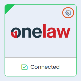 Connected OneLaw tile on the Quillio Integrations page, showing the green Connected status and the settings cog in the top-right corner.